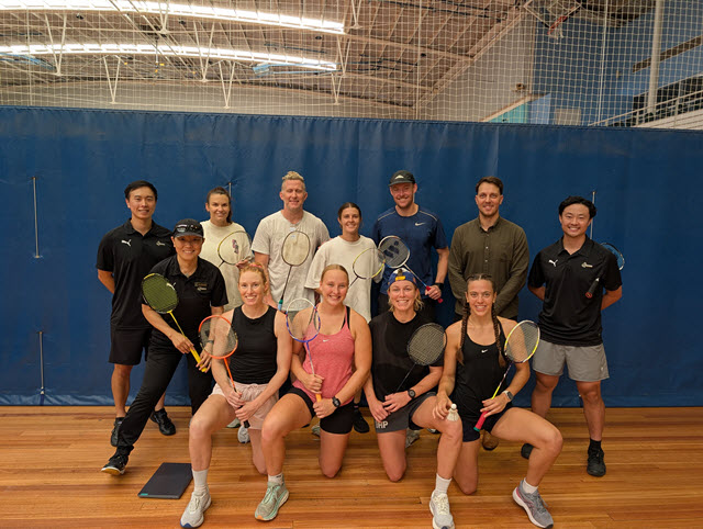 Eagles Development Coach Chad Morrison and other staff and AFLW players with WA's State High-Performance Badminton coaches Lily Buttrose, Daniel Fan & Edmund Xu