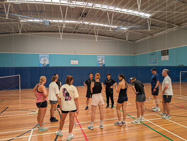 WA's State High-Performance Badminton coaches Lily Buttrose, Daniel Fan & Edmund Xu showing Eagles AFLW players and coaches some techniques.